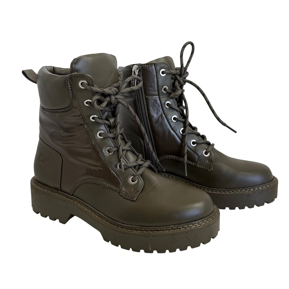 Calvin Klein Lug Sole Combat Boots Olive Green Lace Up Platform Grunge Moto 7.5